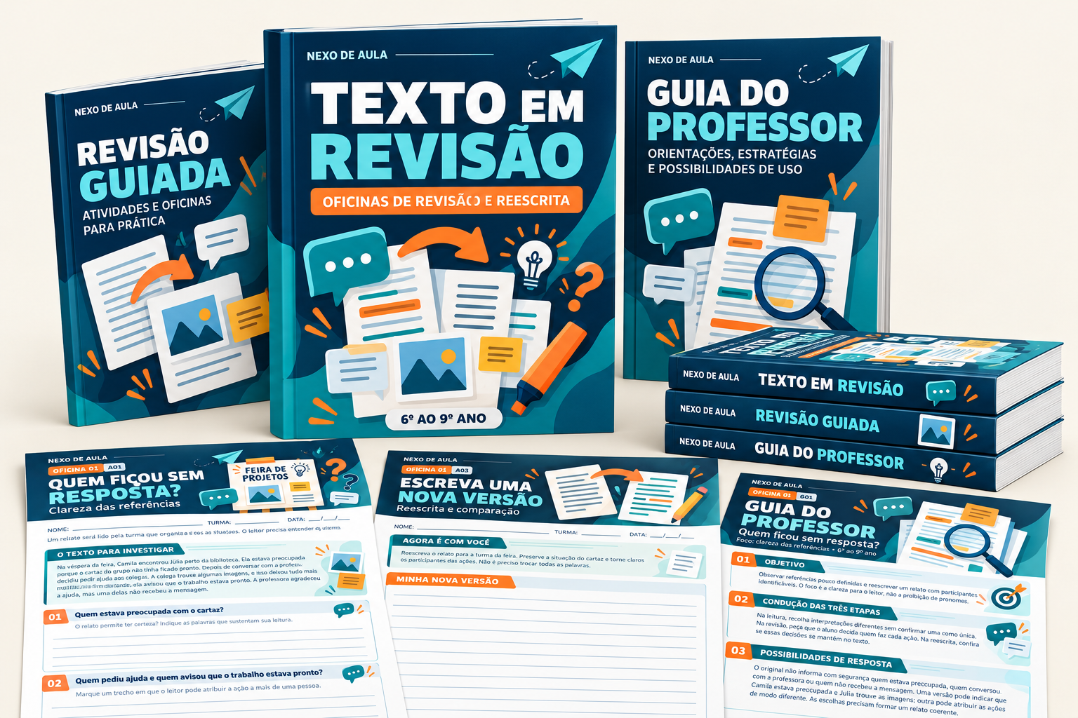 Mockup do kit digital Texto em Revisão, com capas azul-marinho e petróleo e páginas de atividades